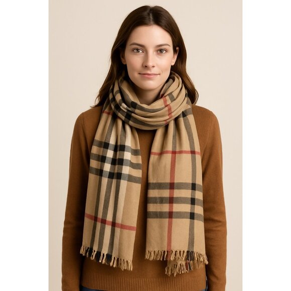 Classic Check Pattern Scarf Neutral Tan Fringe Wrap Large Lightweight - Picture 5 of 5